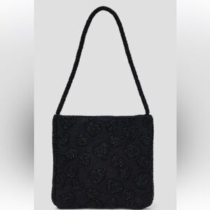 Black Beaded Heart Flat Square Shoulder Bag - A New Day- size= 20cm x 20cm.